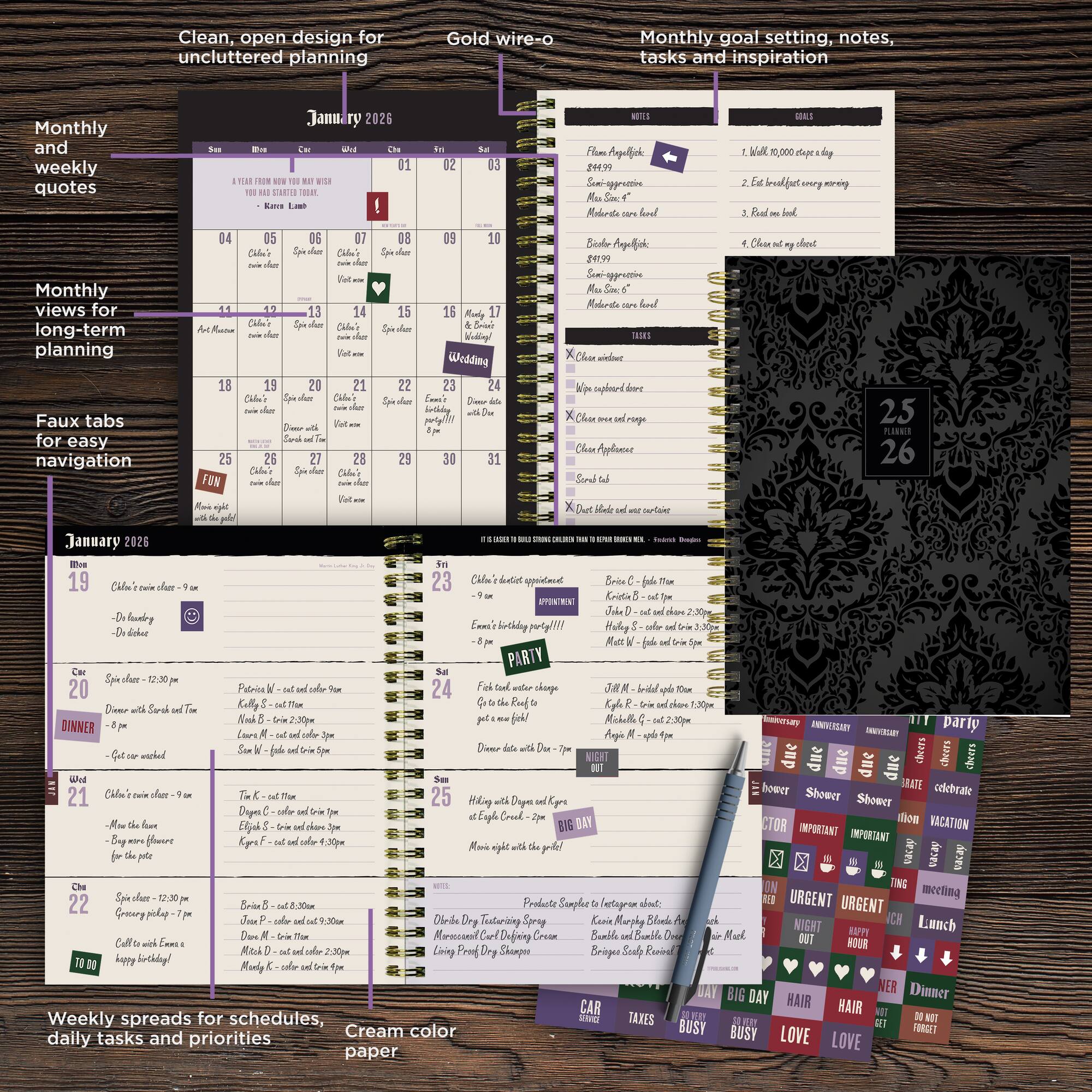 TF Publishing 2025-2026 Black Velvet Medium Weekly/Monthly Planner